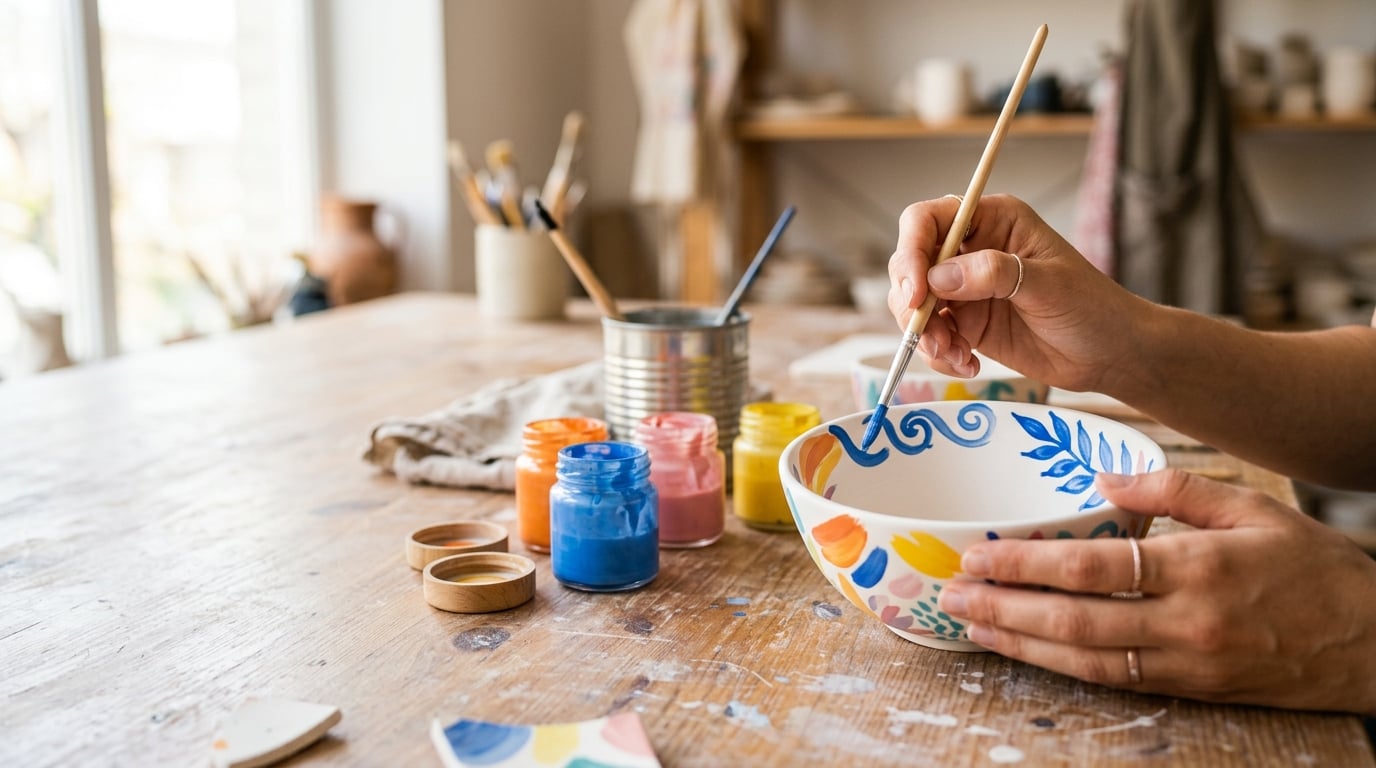 Close-up of hands painting a colorful ceramic pottery piece